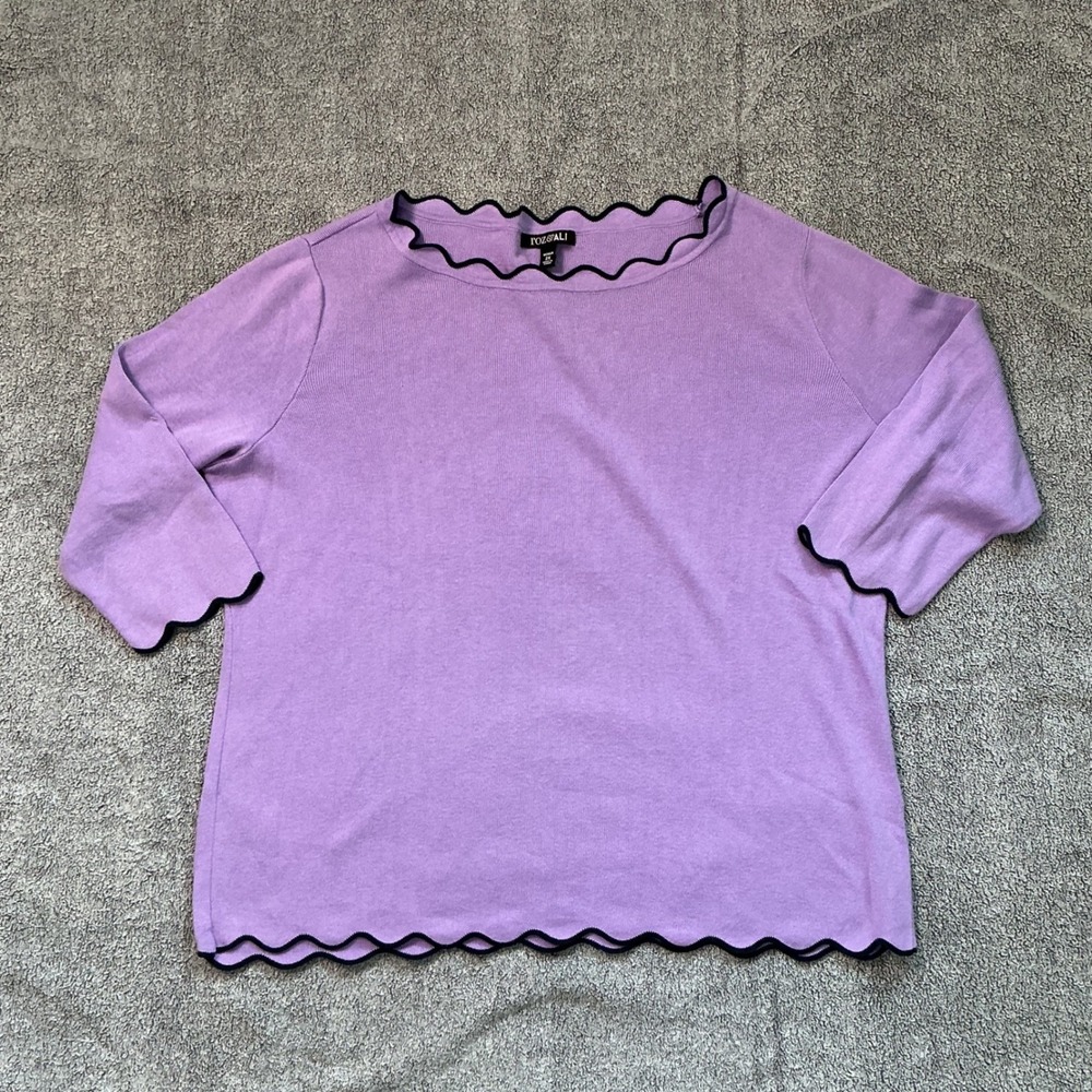 Roz & Ali Lavender Purple Scalloped Trim Knit Top 3/4 Sleeve 2X Woman